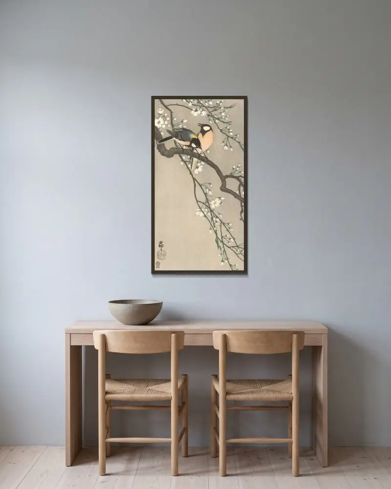 Sýkorky na třešňové větvi, Ohara Koson v rámu na stěně