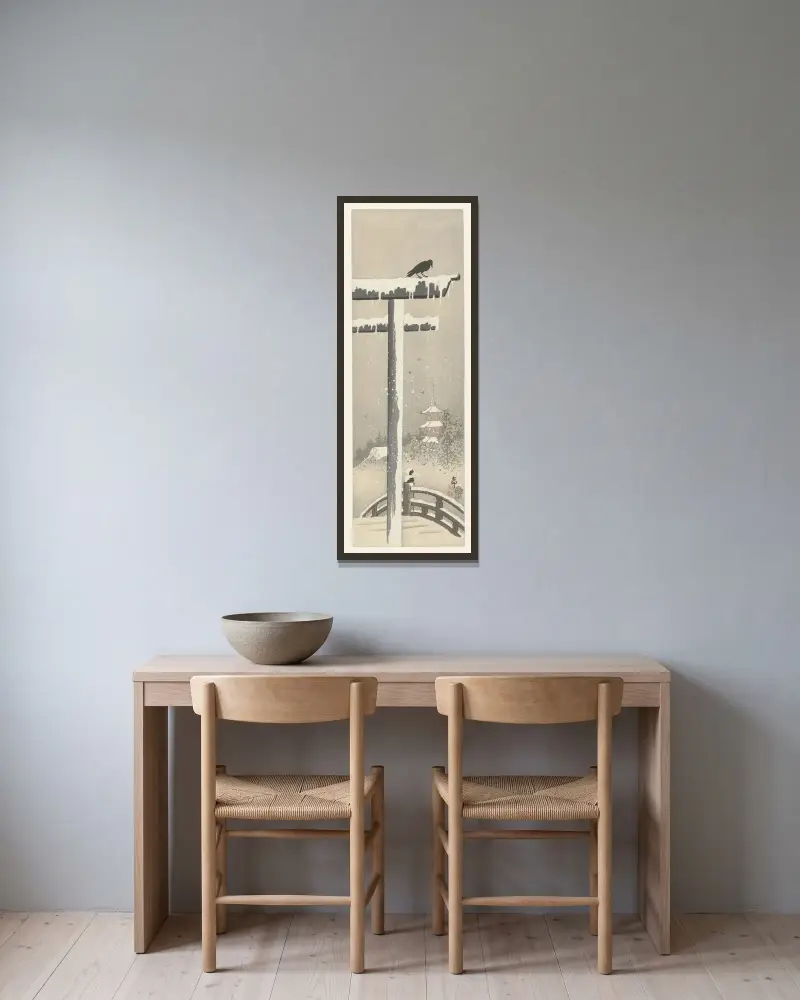 Torii ve sněhu, Ohara Koson v rámu na stěně