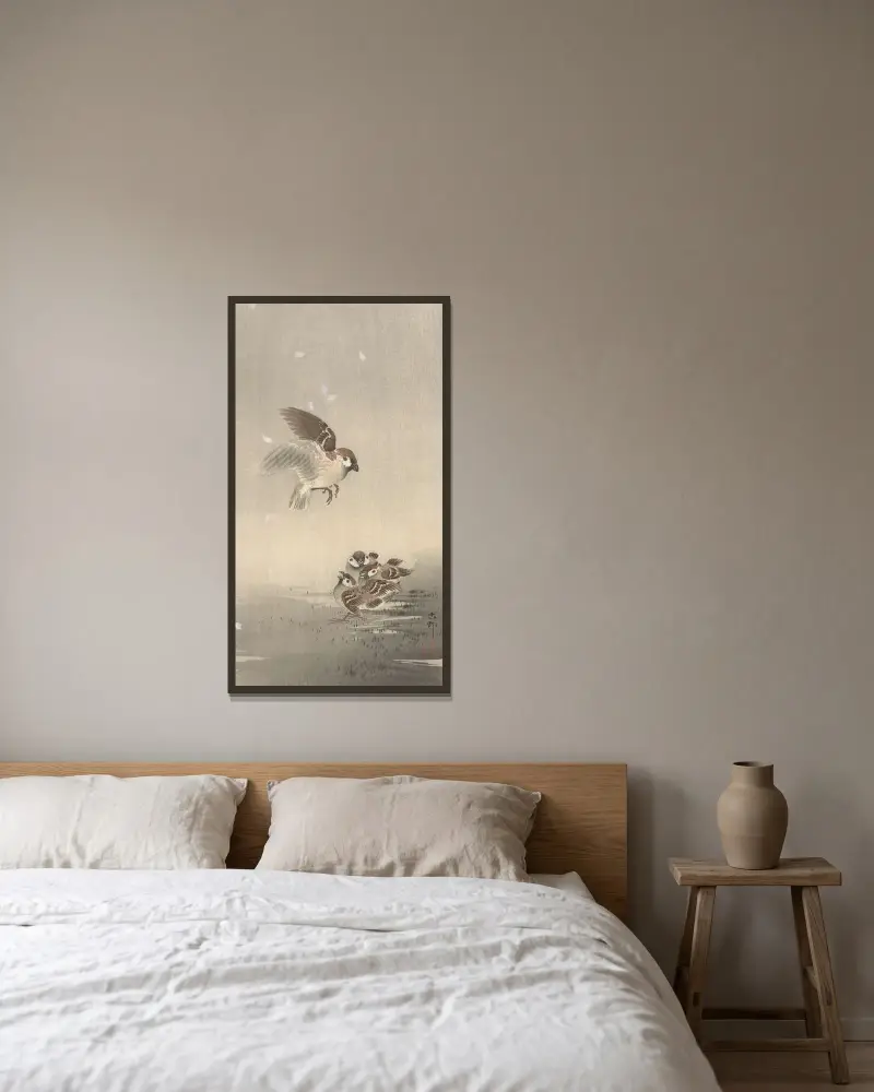 Vrabec polní s mládětem, Ohara Koson v rámu na stěně