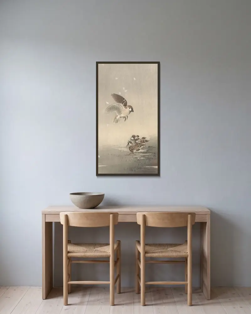 Vrabec polní s mládětem, Ohara Koson v rámu na stěně