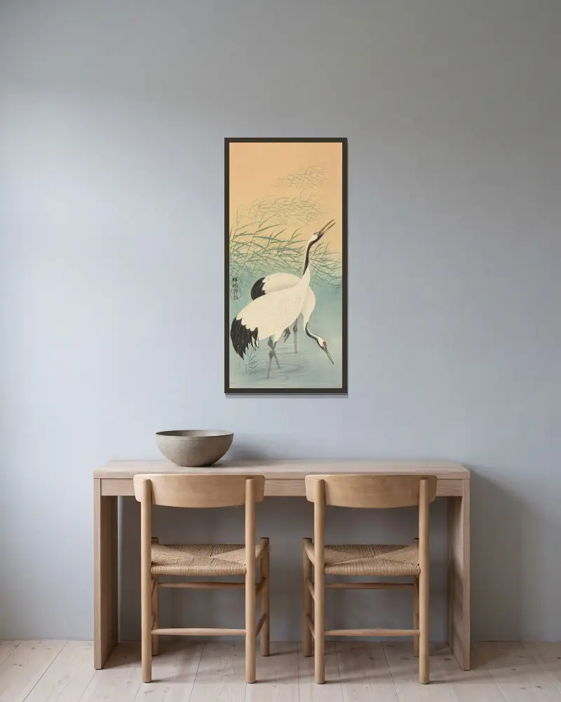 Dva jeřábi, 1925, Ohara Koson v rámu na stěně