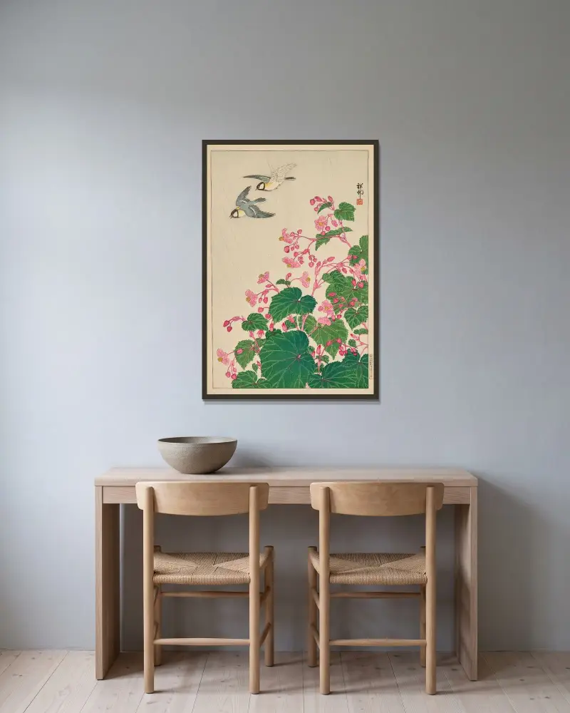 Dva mandžuští sýkorky v letu nad begonií, Ohara Koson v rámu na stěně