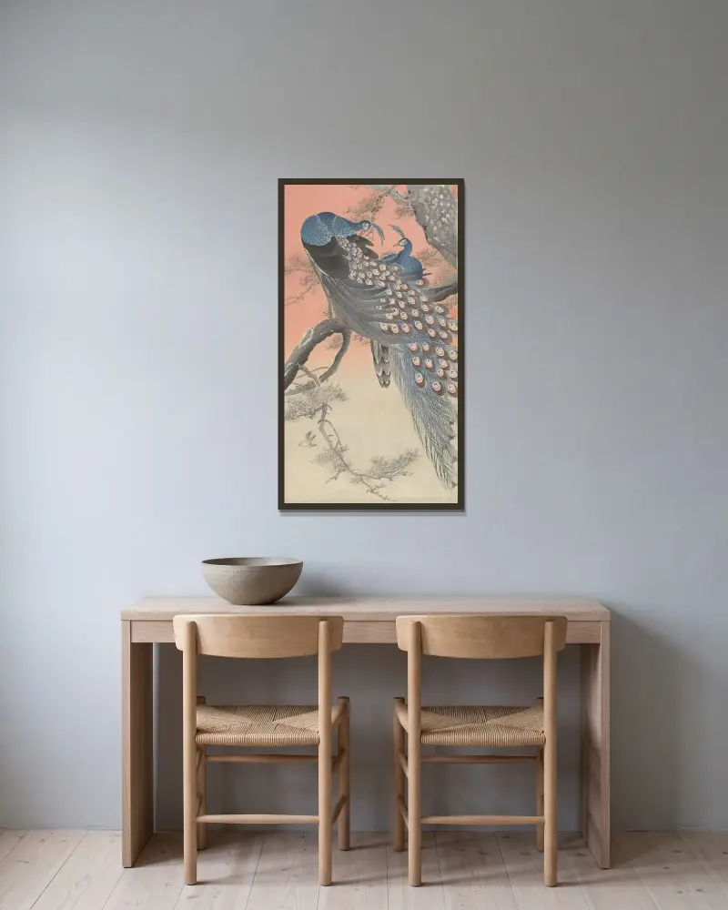 Dva pávi na větvi, Ohara Koson v rámu na stěně