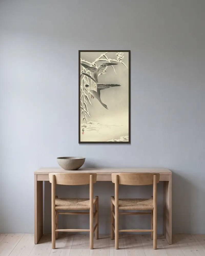 Dvě běločelé husy v zasněžené krajině, Ohara Koson v rámu na stěně