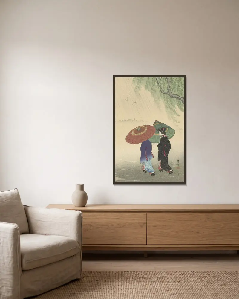 Dvě ženy v dešti, Ohara Koson v rámu na stěně