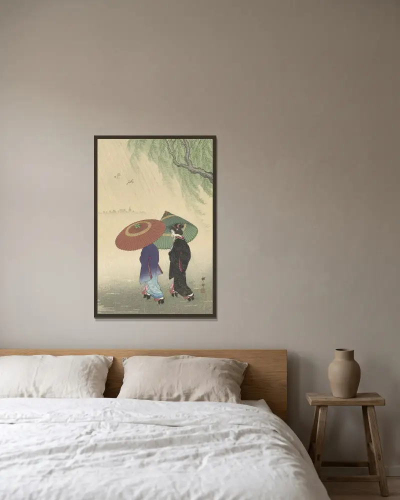 Dvě ženy v dešti, Ohara Koson v rámu na stěně