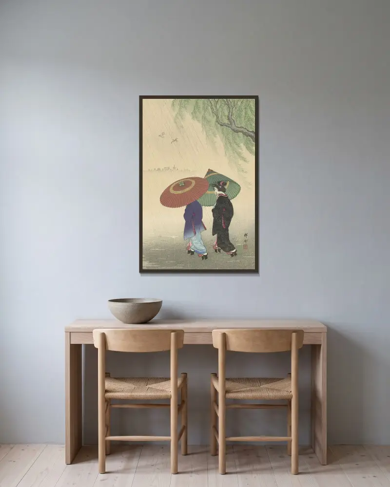 Dvě ženy v dešti, Ohara Koson v rámu na stěně
