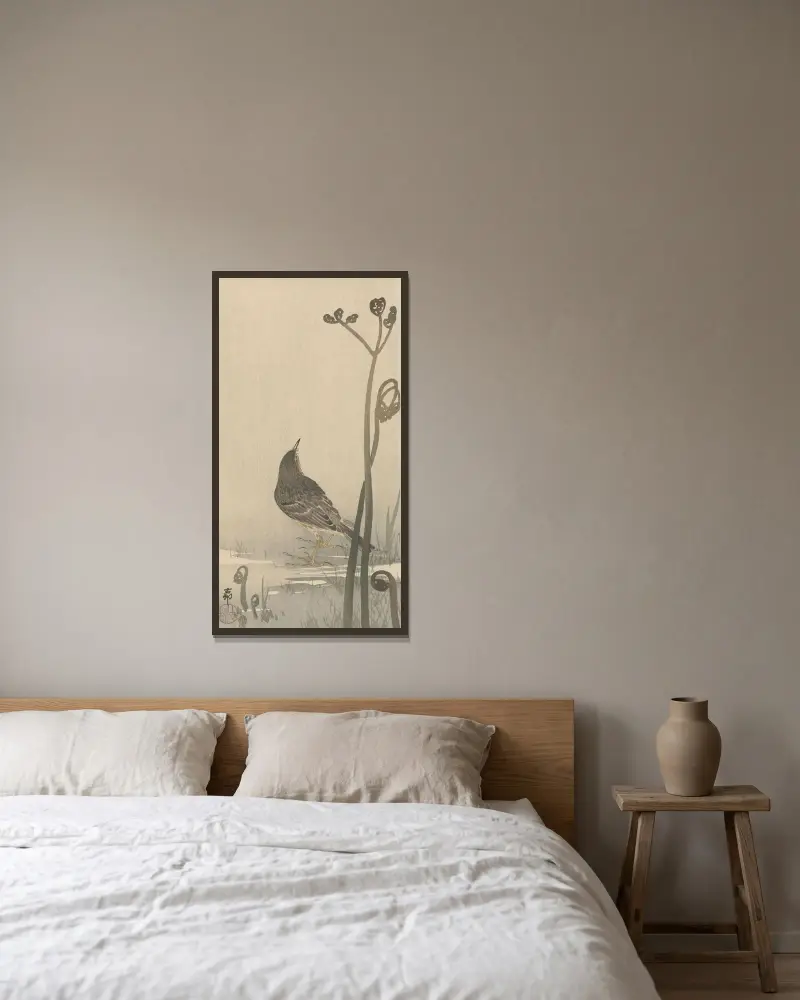 Vodní pískající pták, Ohara Koson v rámu na stěně