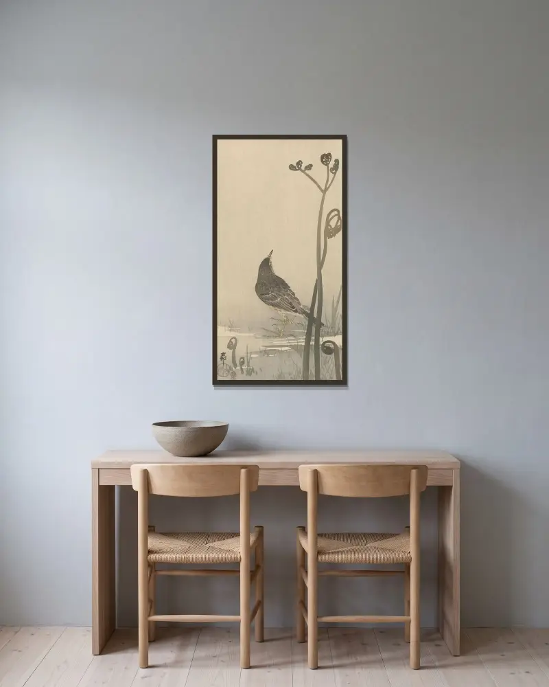 Vodní pískající pták, Ohara Koson v rámu na stěně