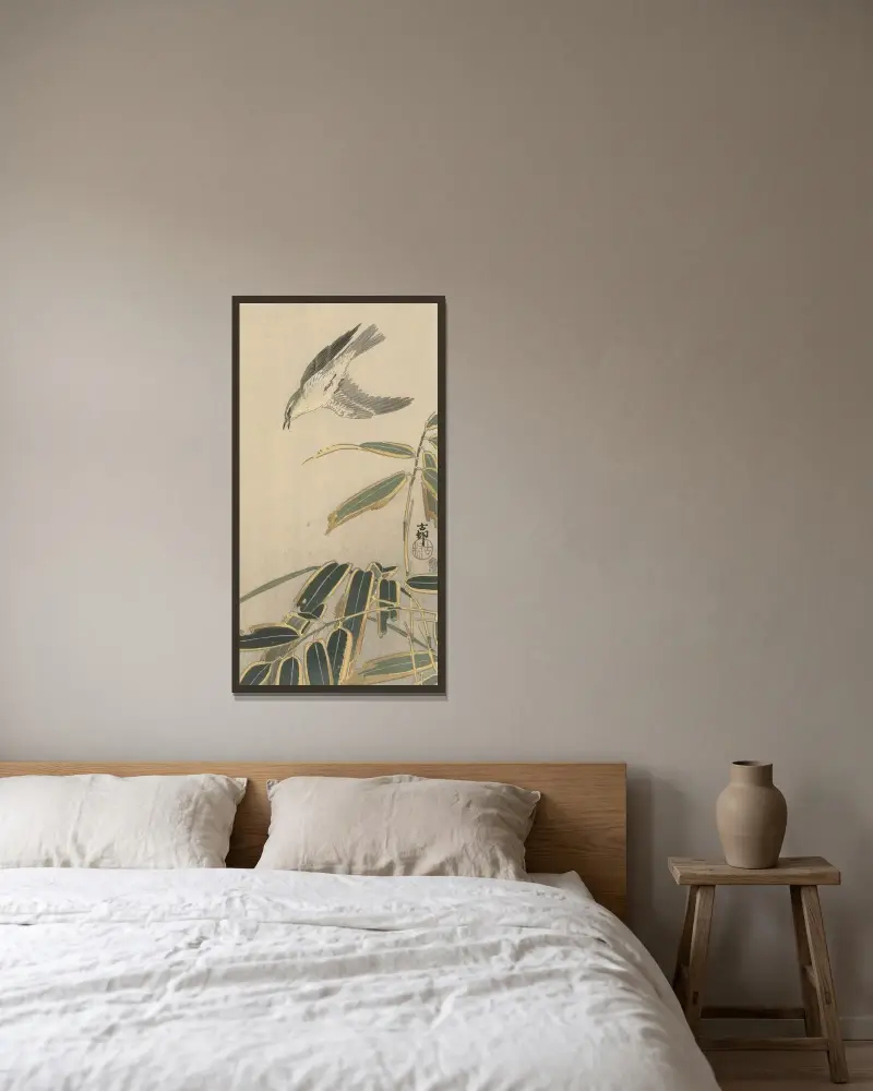 Stenskvätta med bambu, Ohara Koson v rámu na stěně