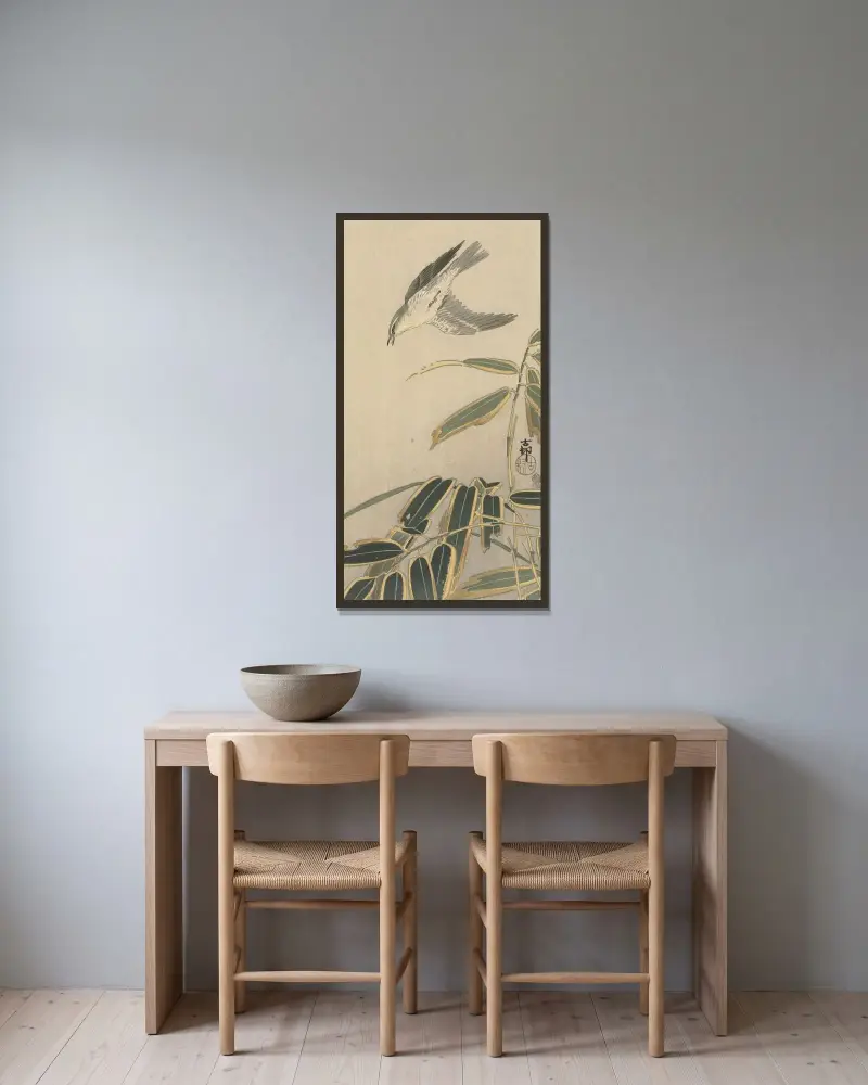 Stenskvätta med bambu, Ohara Koson v rámu na stěně