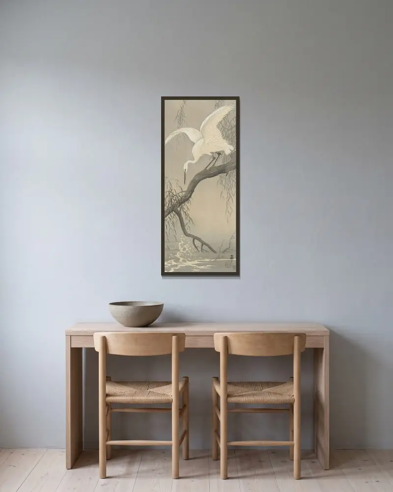 Bílá volavka na větvi, Ohara Koson v rámu na stěně