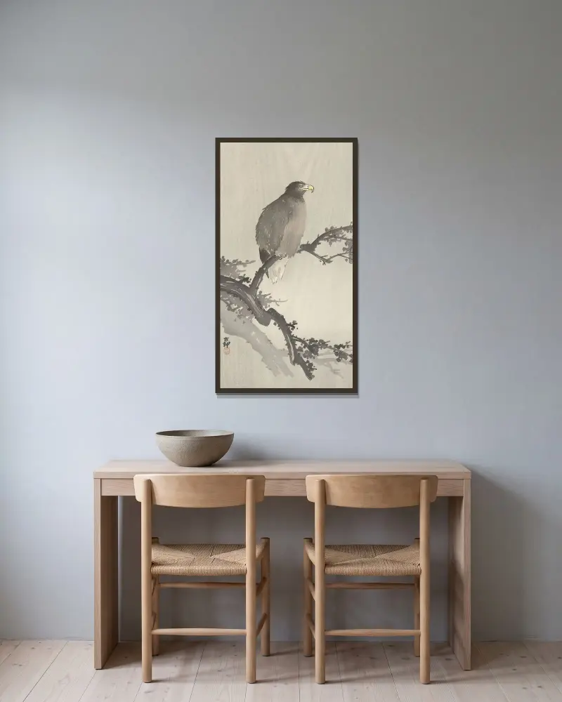 Orlovec říční na větvi, Ohara Koson v rámu na stěně