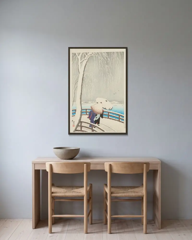 Sníh na vrbovém mostě, Ohara Koson v rámu na stěně