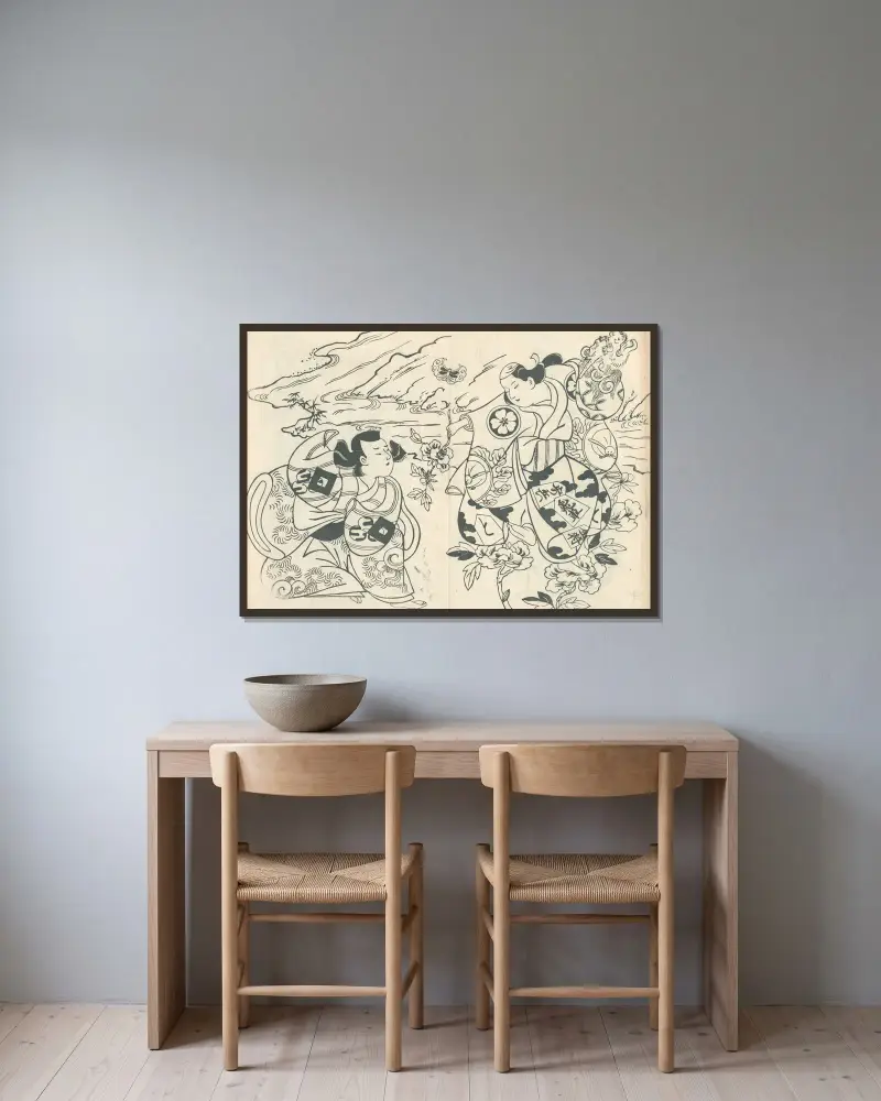 Yakusha ezukushi Pl.5 av Okumura Masanobu inramad på en vägg