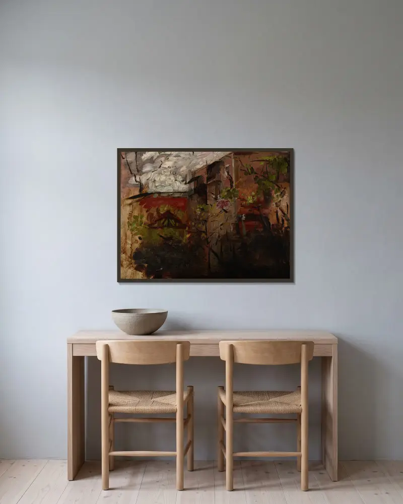 Buildings II av Olga Boznanska inramad på en vägg