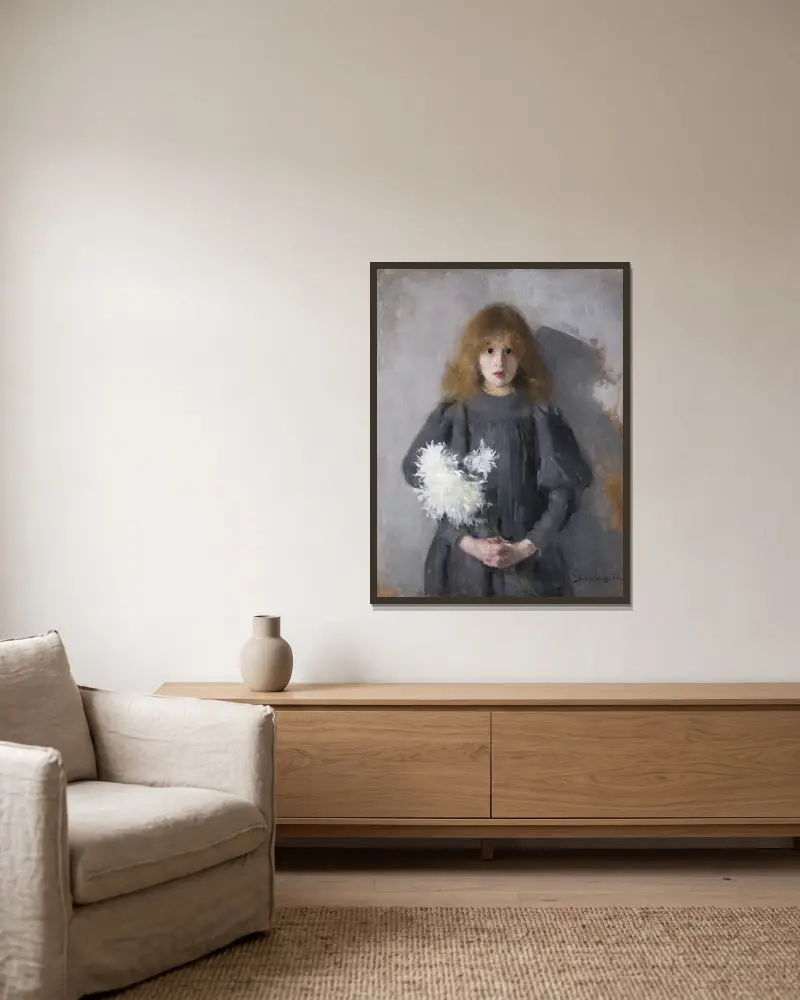 Girl with Chrysanthemums av Olga Boznanska inramad på en vägg