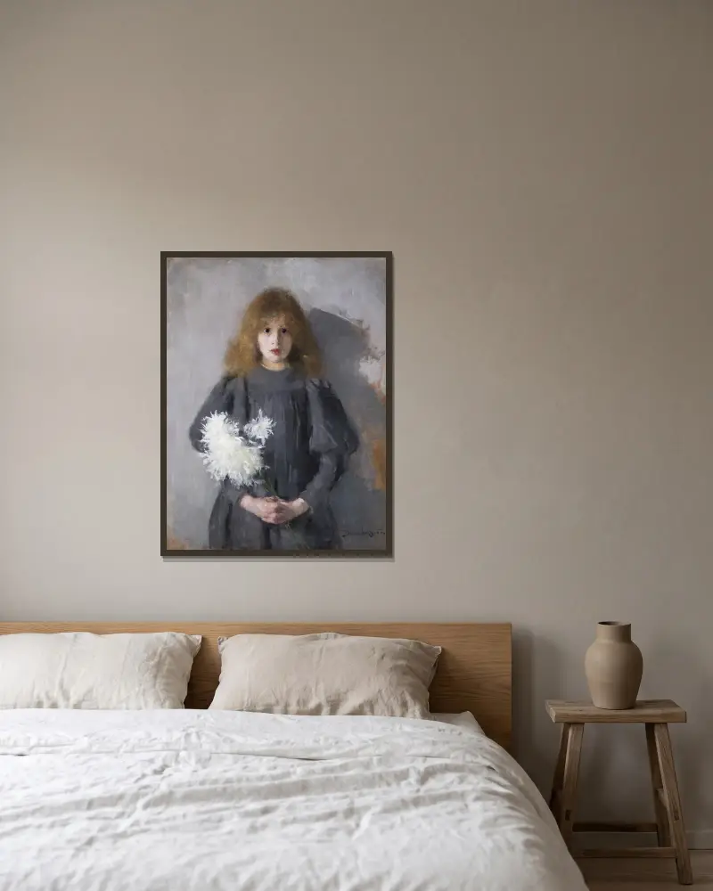 Girl with Chrysanthemums av Olga Boznanska inramad på en vägg