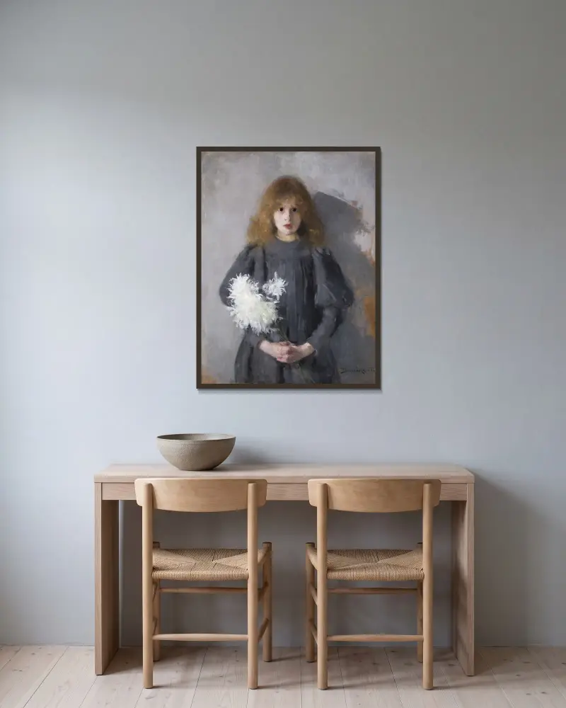 Girl with Chrysanthemums av Olga Boznanska inramad på en vägg