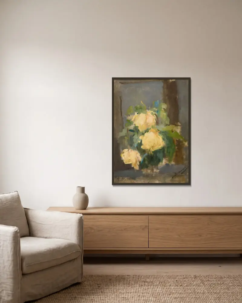 Goldene Rosen von Olga Boznanska gerahmt an einer Wand