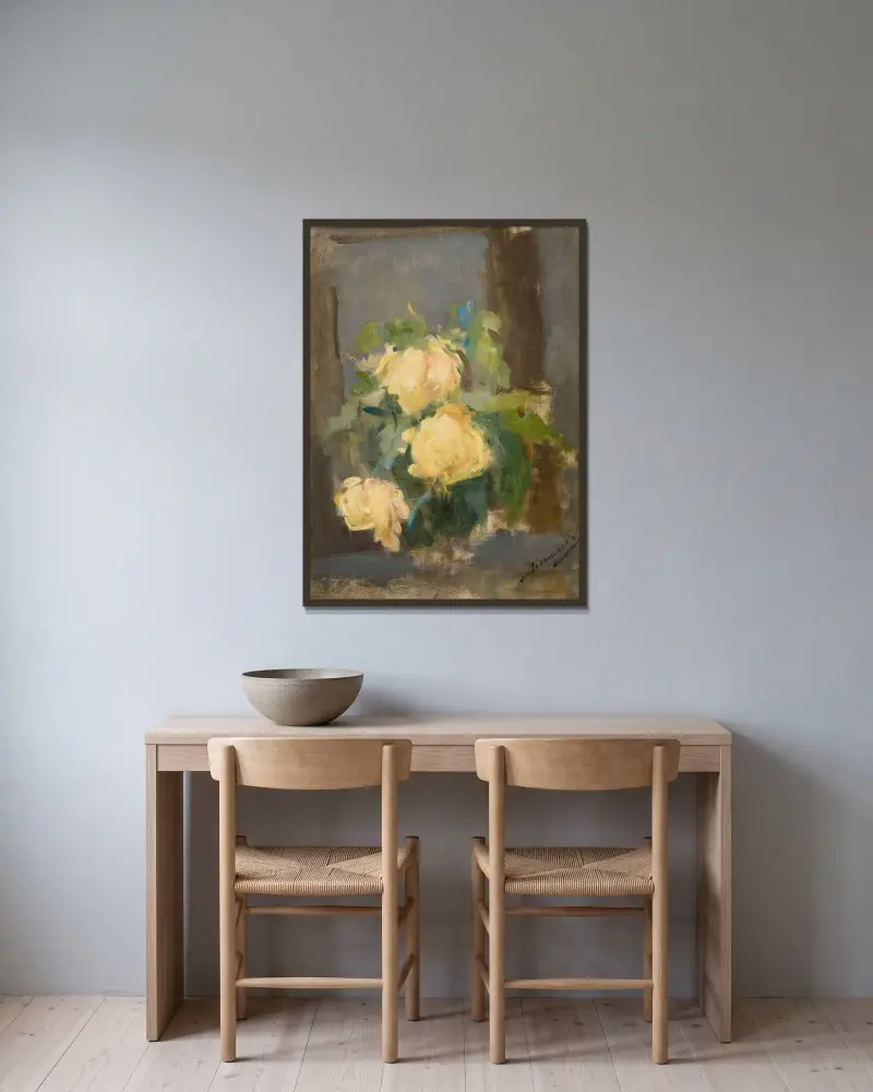 Goldene Rosen von Olga Boznanska gerahmt an einer Wand