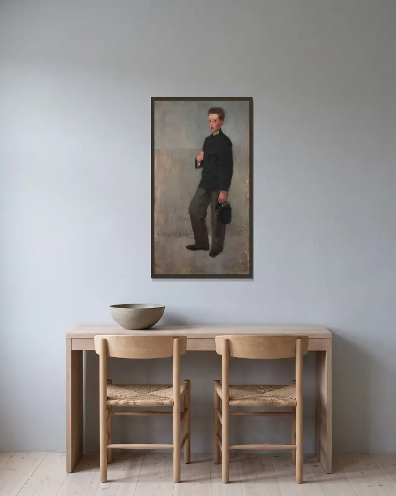 Porträt eines Jungen in Schuluniform von Olga Boznanska gerahmt an einer Wand