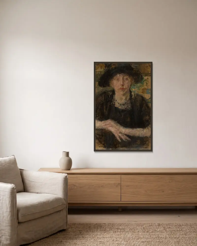 Bildnis einer Dame mit schwarzem Hut von Olga Boznanska gerahmt an einer Wand