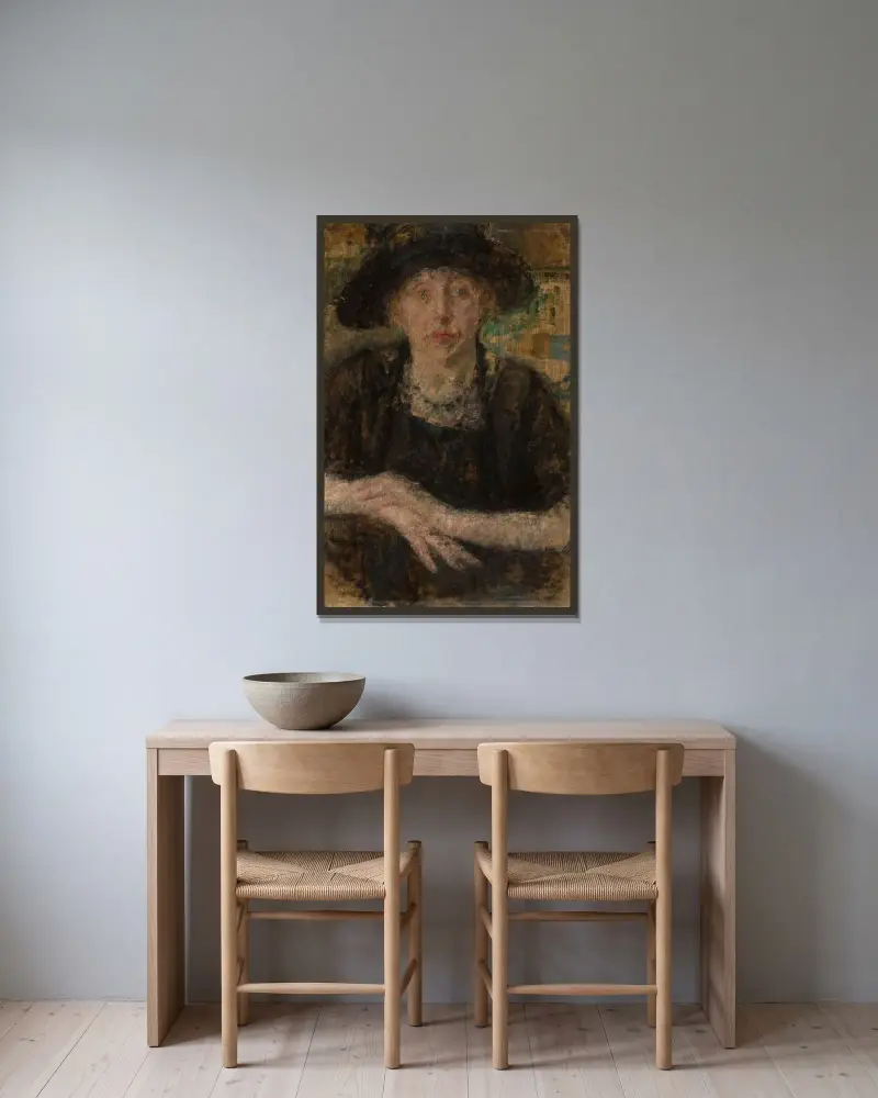 Bildnis einer Dame mit schwarzem Hut von Olga Boznanska gerahmt an einer Wand