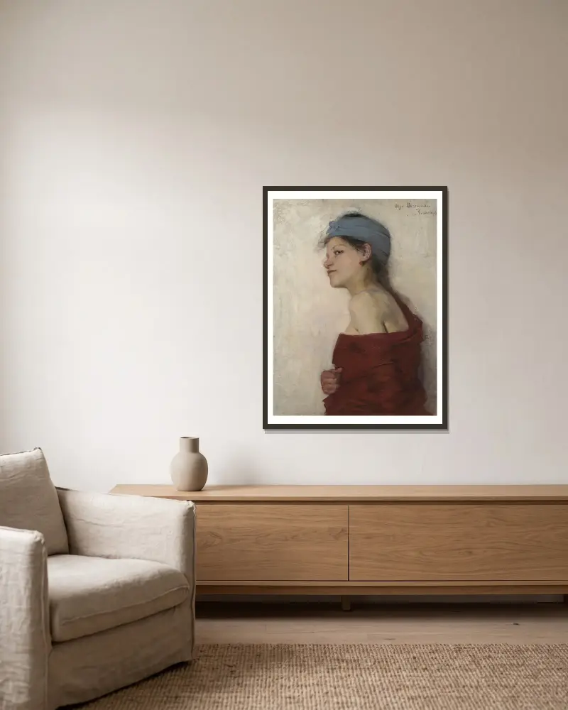 Portrait of a Woman – Gypsy Woman av Olga Boznanska inramad på en vägg