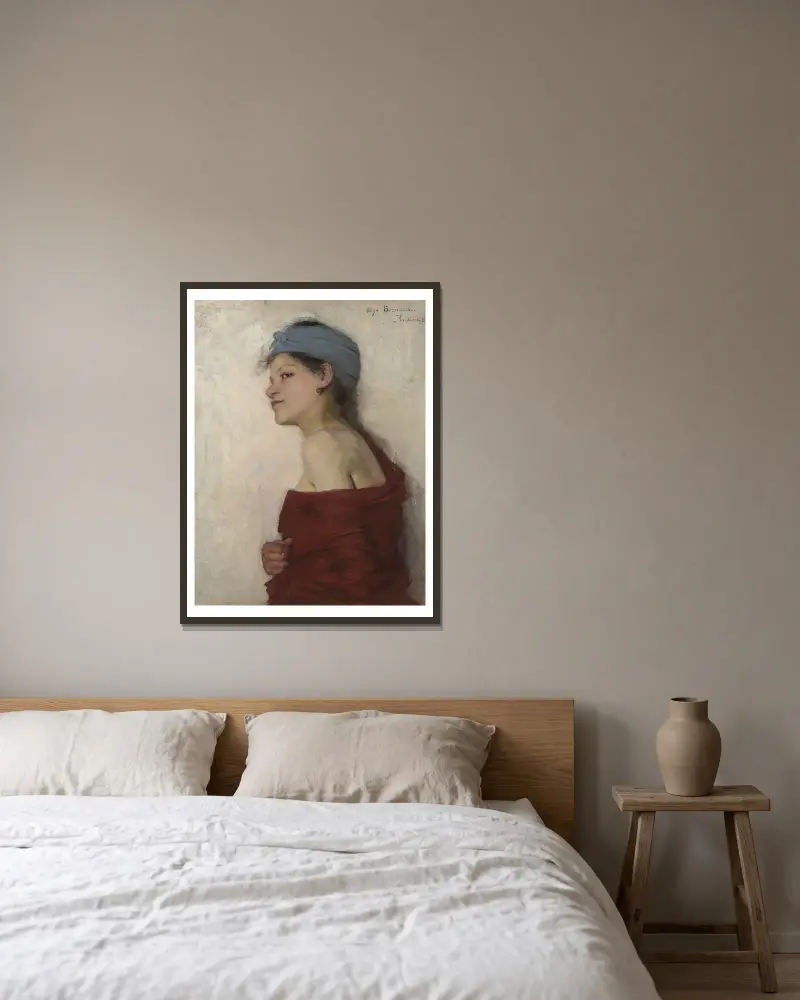Portrait of a Woman – Gypsy Woman av Olga Boznanska inramad på en vägg
