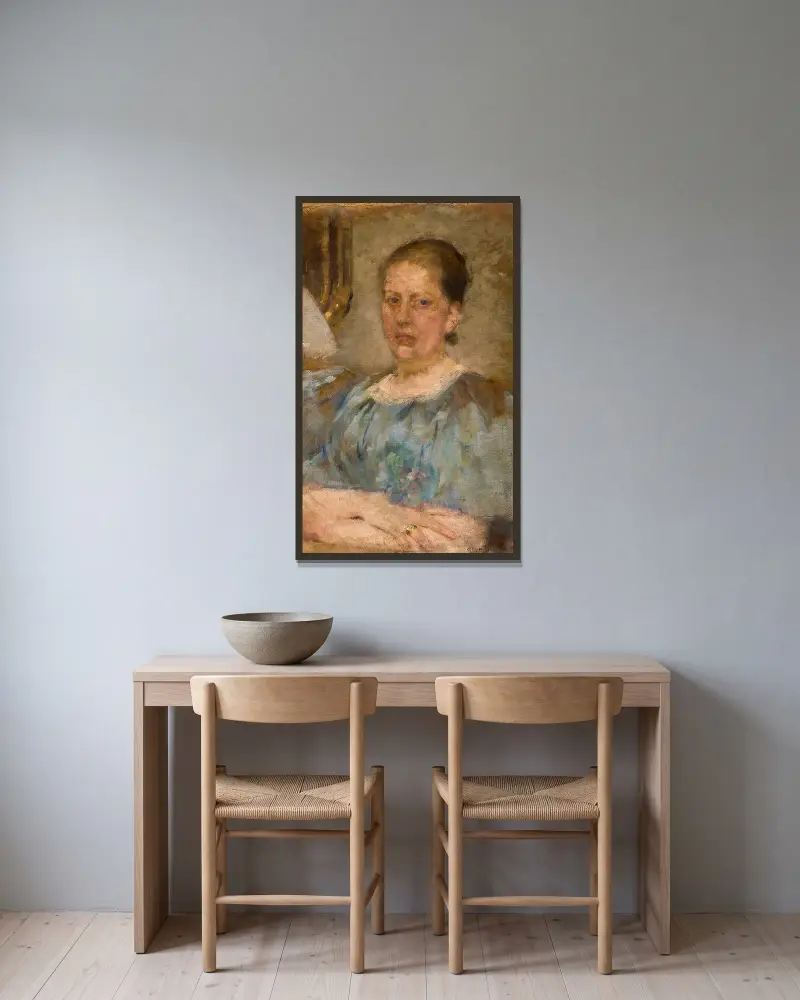 Portret kobiety w niebieskiej bluzce, 1899, Olga Boznanska w ramie na ścianie