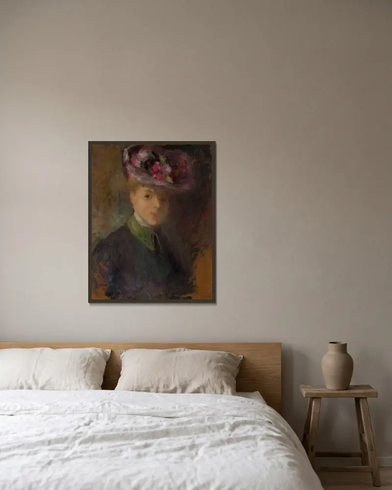 Porträtt av kvinna i hatt med blommor av Olga Boznanska inramad på en vägg
