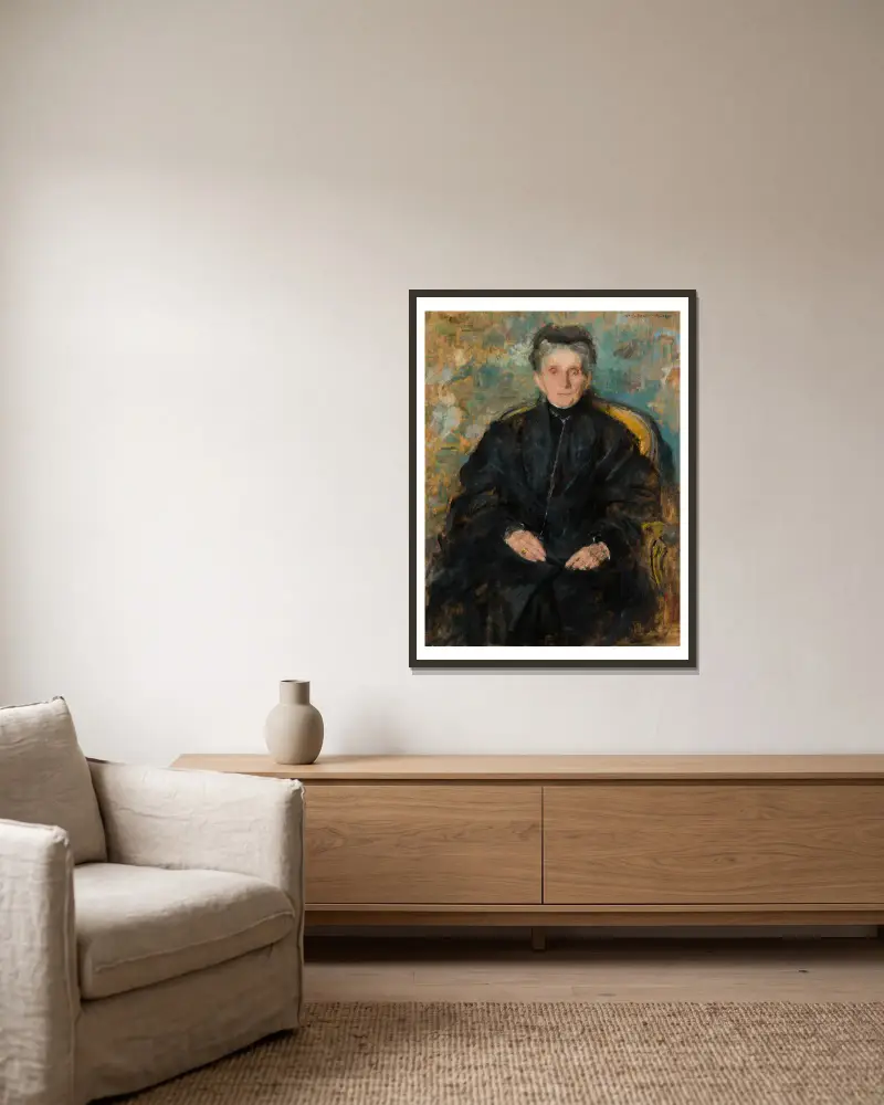 Portrait of Jadwiga Sapieżyna née Sanguszko av Olga Boznanska inramad på en vägg