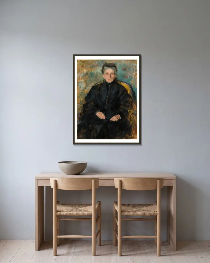 Portrait of Jadwiga Sapieżyna née Sanguszko av Olga Boznanska inramad på en vägg