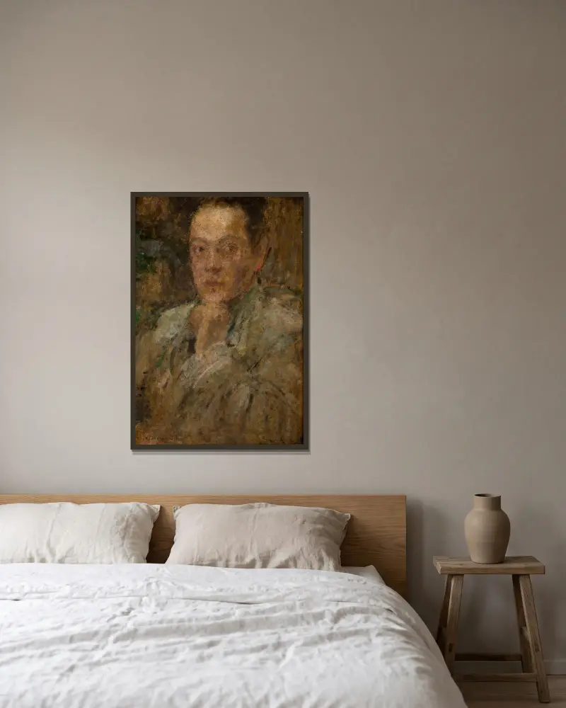 Porträtt av skulptören Stefan Zbigniewicz av Olga Boznanska inramad på en vägg