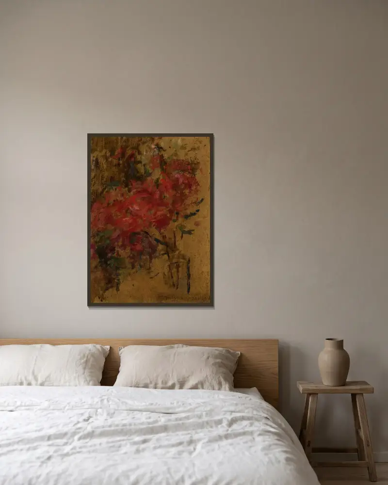 Röda blommor av Olga Boznanska inramad på en vägg