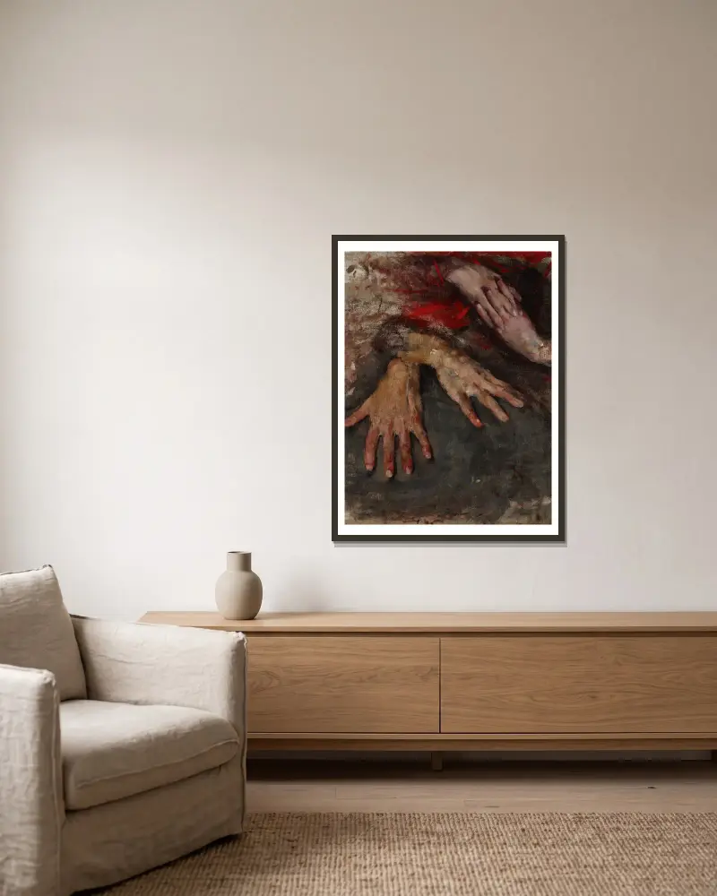 Study of Two Pairs of Hands av Olga Boznanska inramad på en vägg