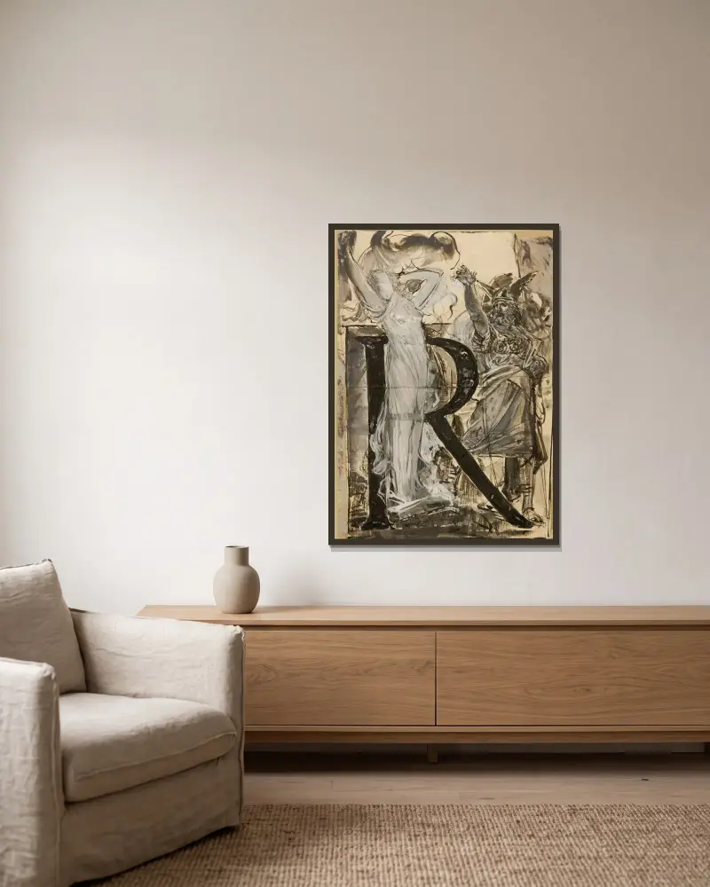 Verzierte Initiale R von Luc-Olivier Merson gerahmt an einer Wand
