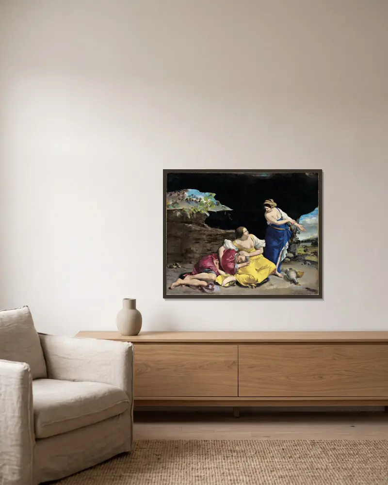Lot och hans döttrar av Orazio Gentileschi inramad på en vägg