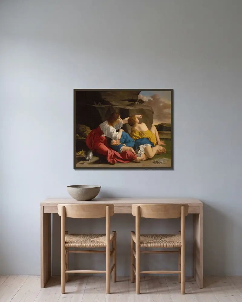Lot och hans döttrar av Orazio Gentileschi inramad på en vägg