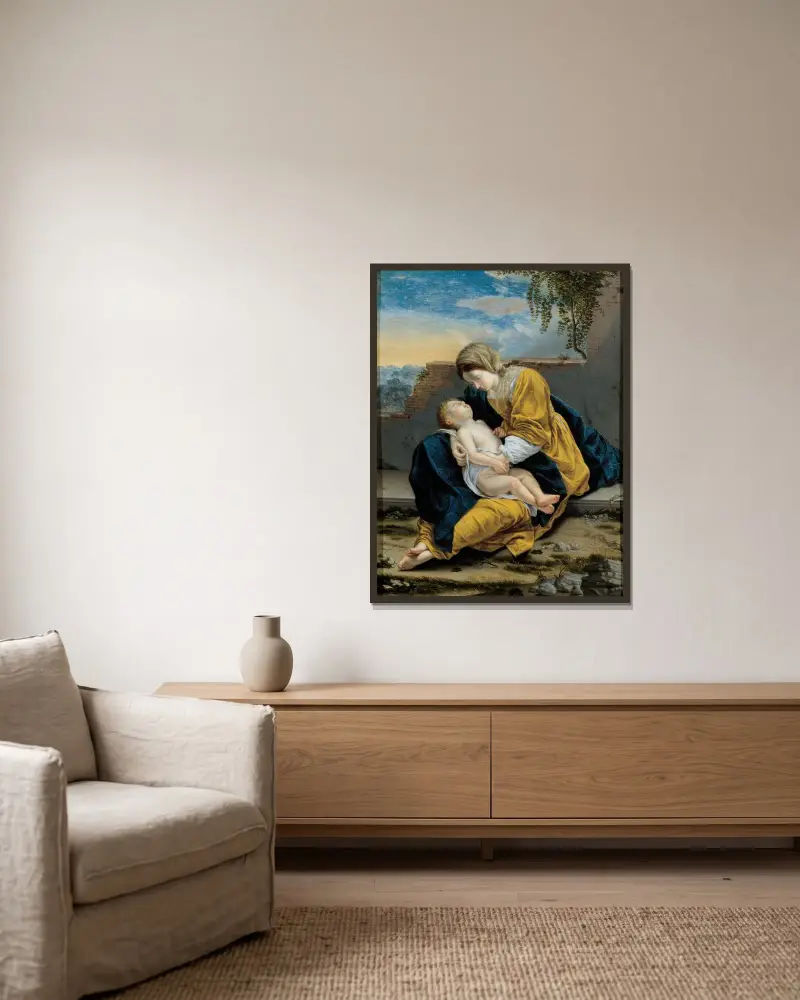 Madonna och barn i landskap av Orazio Gentileschi inramad på en vägg