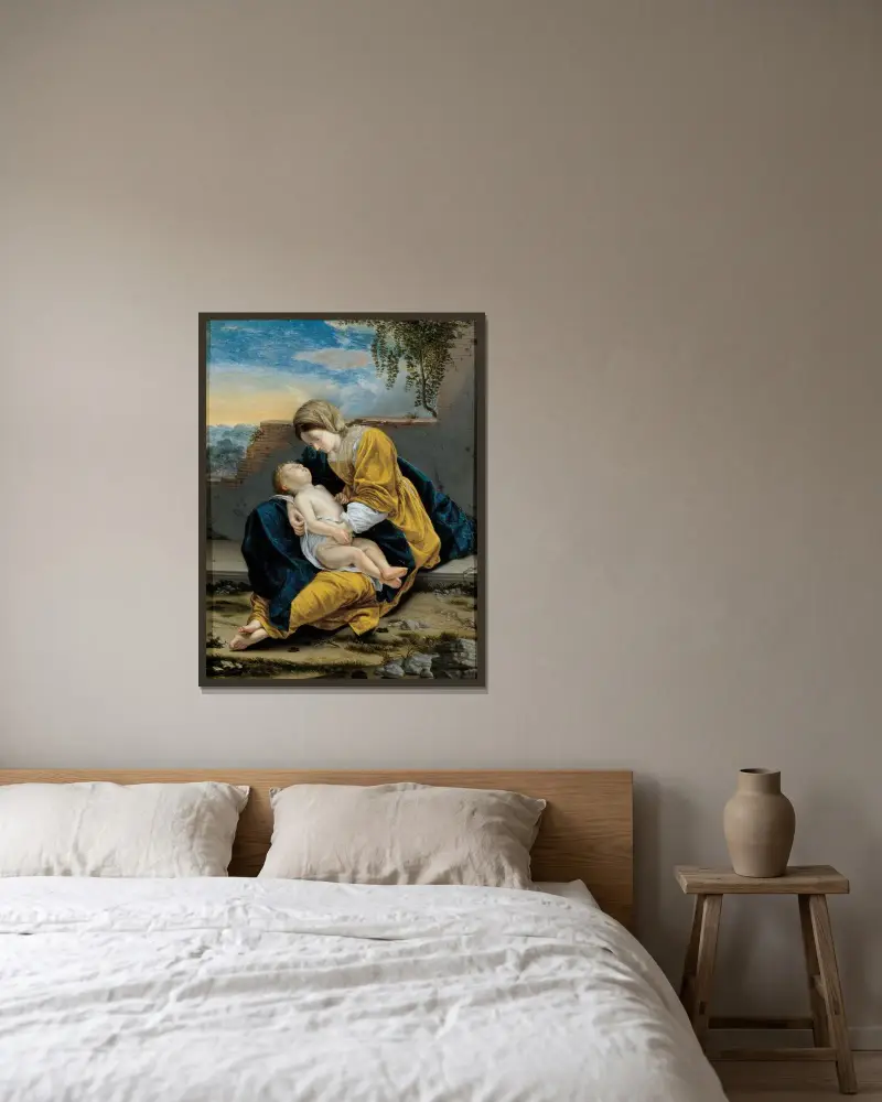 Madonna och barn i landskap av Orazio Gentileschi inramad på en vägg