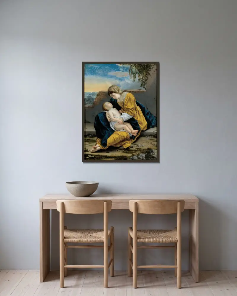 Madonna och barn i landskap av Orazio Gentileschi inramad på en vägg