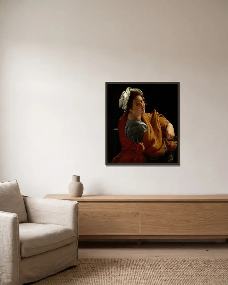Porträtt av en ung kvinna som sibylla av Orazio Gentileschi inramad på en vägg