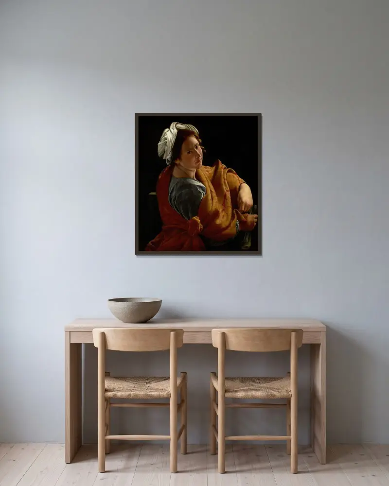 Porträtt av en ung kvinna som sibylla av Orazio Gentileschi inramad på en vägg