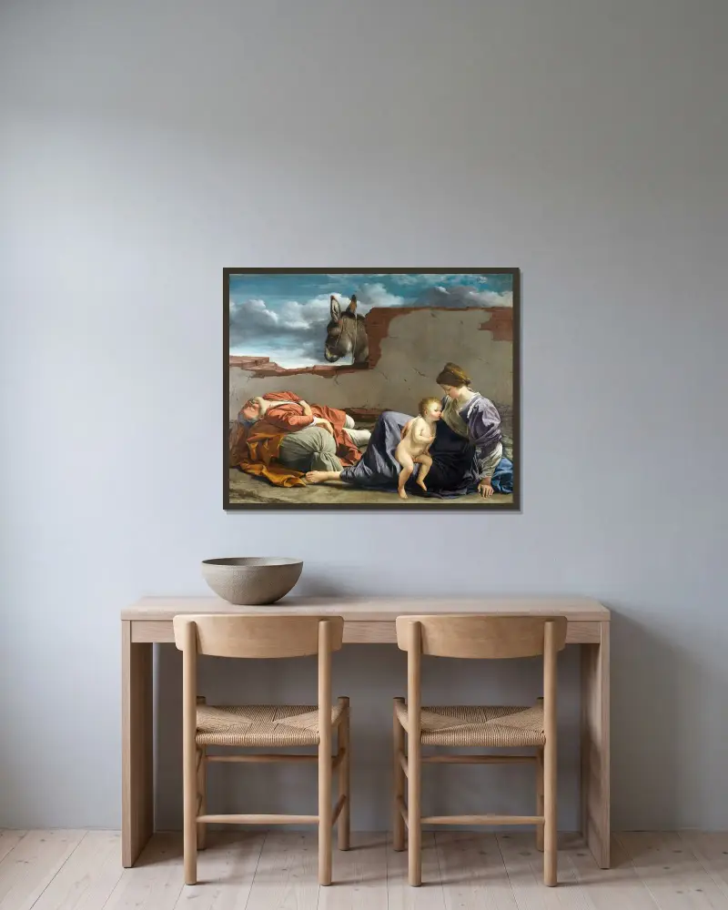 Vila under flykten till Egypten av Orazio Gentileschi inramad på en vägg