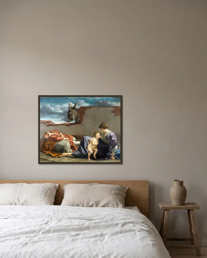 Rast på flykten till Egypten av Orazio Gentileschi inramad på en vägg
