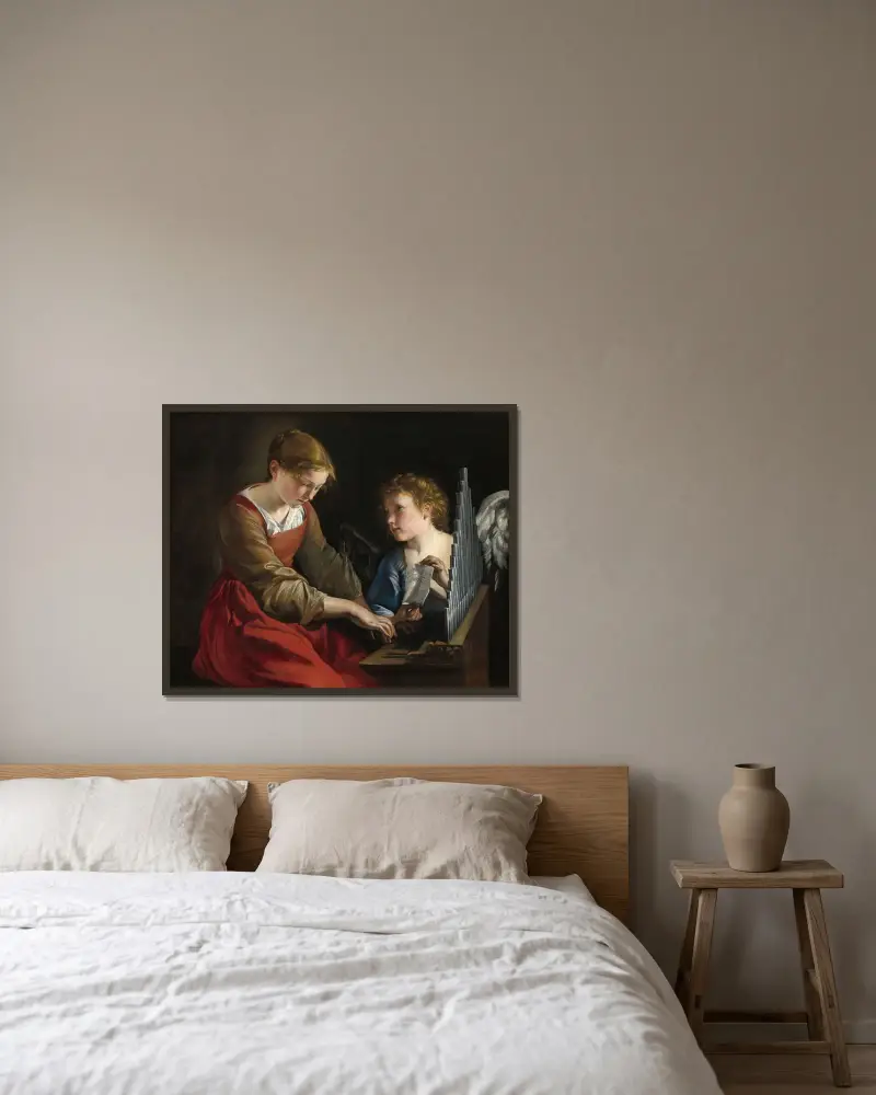 Sankta Cecilia och en ängel av Orazio Gentileschi inramad på en vägg