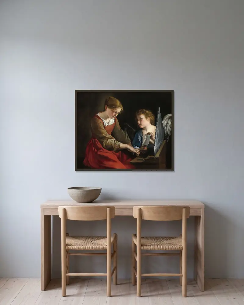 Sankta Cecilia och en ängel av Orazio Gentileschi inramad på en vägg
