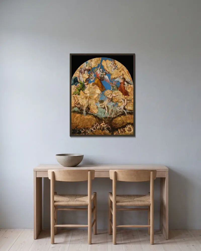 De upproriska änglarnas fall av Orazio Gentileschi inramad på en vägg